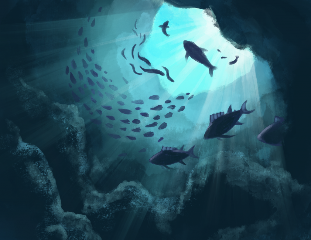 A hand-drawn school of fish is swimming near the entrance of an underwater cave, lit by sunlight.